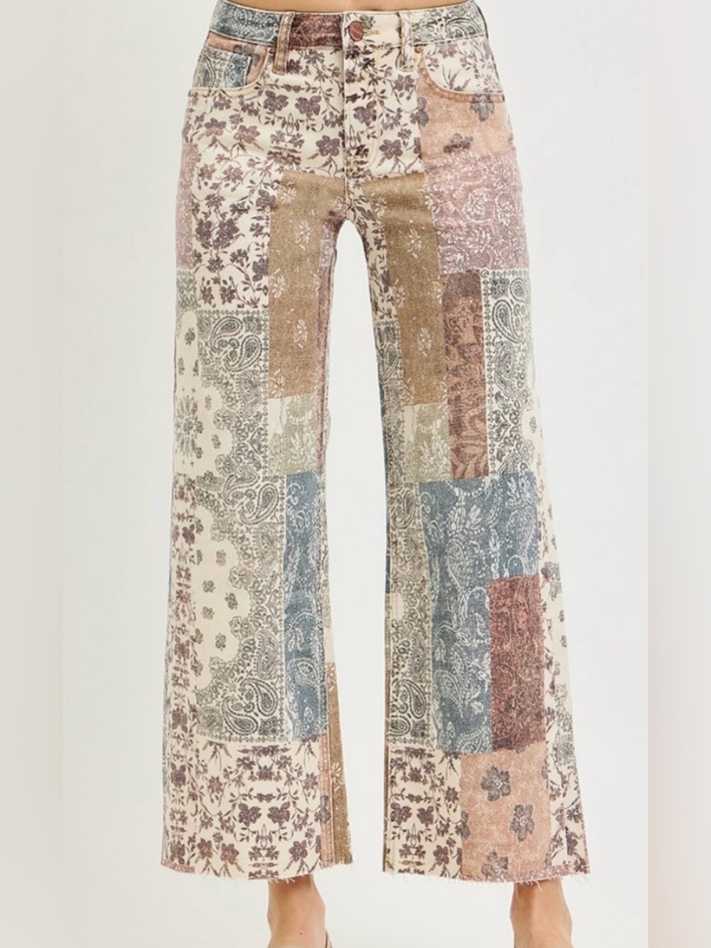 NWOT Risen High Rise Wide Leg Ankle Pants in Earth Block Print - Size 11/30